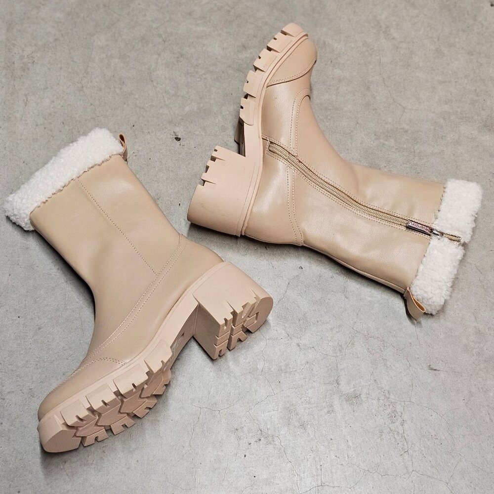 Chunky Nude Faux Leather Winter Boots With Faux Fur Lining & Block Heel